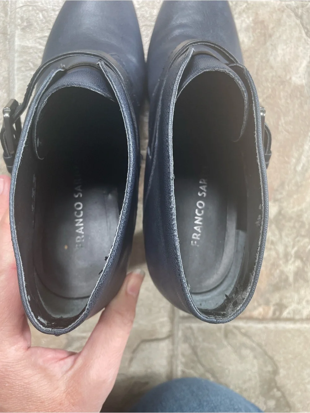 Franco Sarto Navy‎ Blue Buckle Ankle Booties with Heels, Size 9M